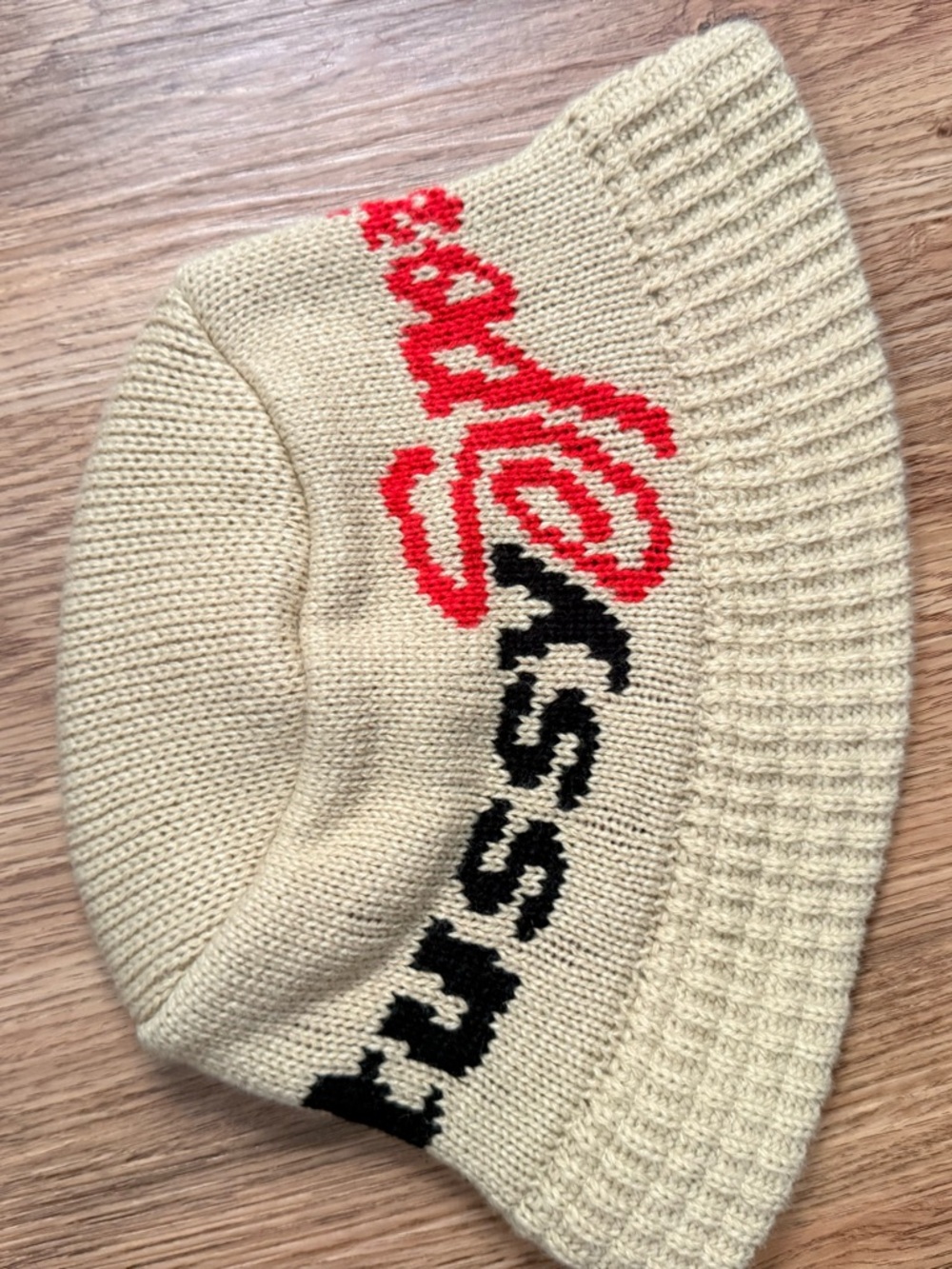 Stussy Beanie Hat in Cream with Red and Black Accent